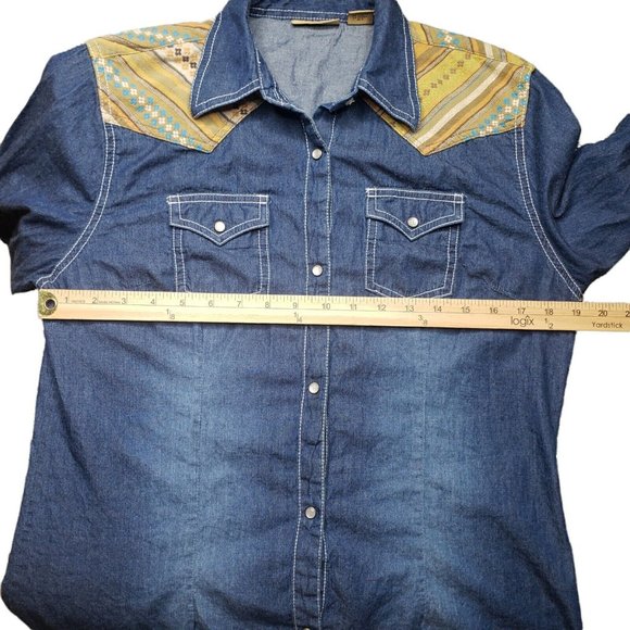 Wrangler M Long Sleeve Shirt Pearl Snap Button Up Denim & Aztec Yoke Shacket - Picture 9 of 11